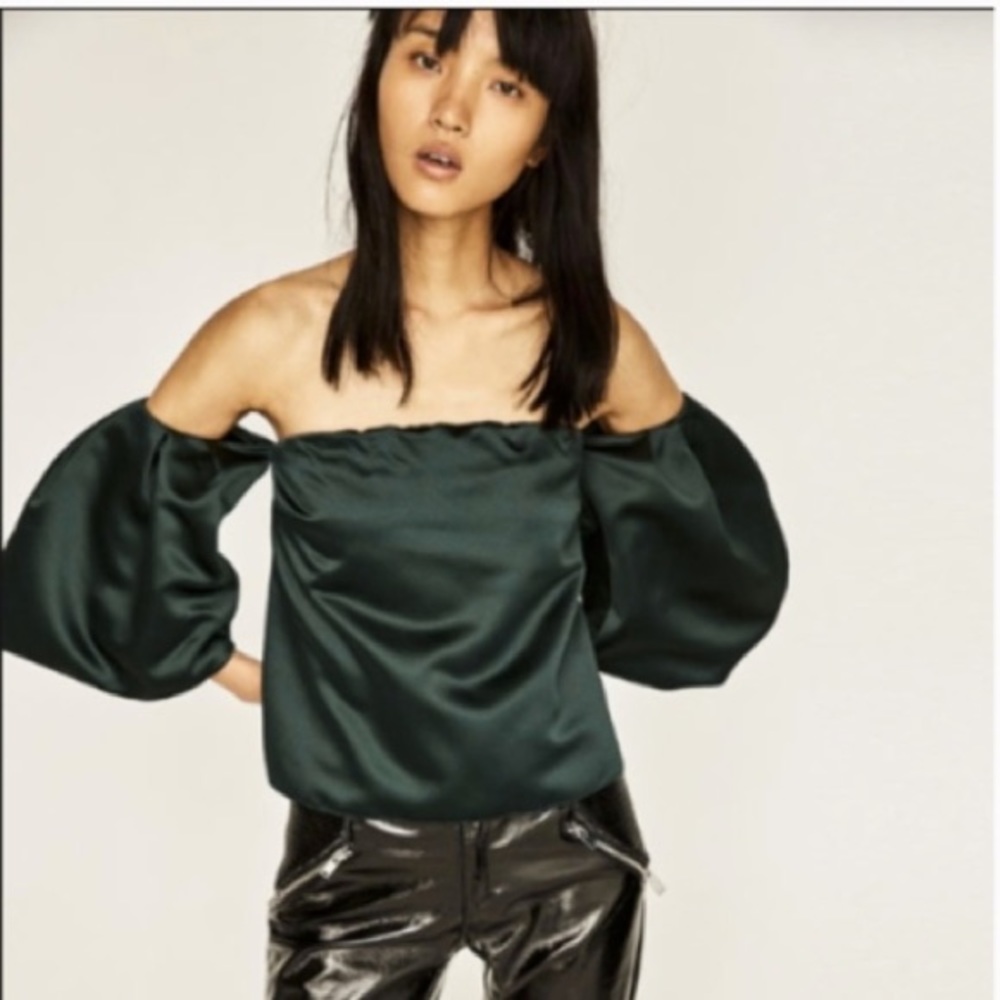 ZARA bottle green sateen off the shoulder top